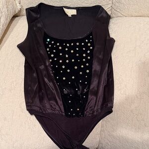 Cache Vintage Black Sleeveless One Piece with Rhinestone on the Velvet Accents